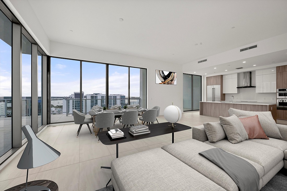 At $5.99 million, Bayso penthouse unit 1904 offers approximately 3,600 square feet of indoor space wrapped by floor-to-ceiling glass.