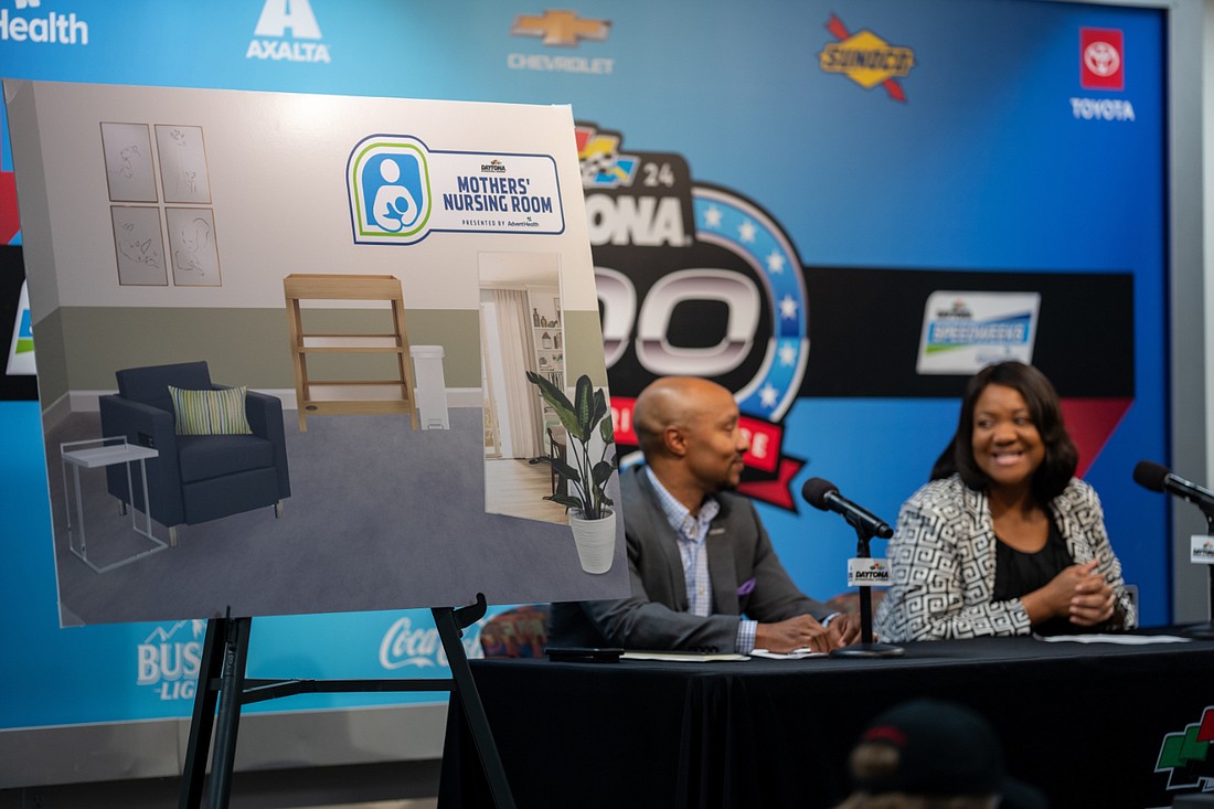 John Ferguson, senior vice president and chief human resources officer for NASCAR, and Audrey Gregory,executive vice president and CEO of the AdventHealth East Florida Division, unveiled five new Mothers’ Nursing Rooms at the Daytona International Speedway. Courtesy photo