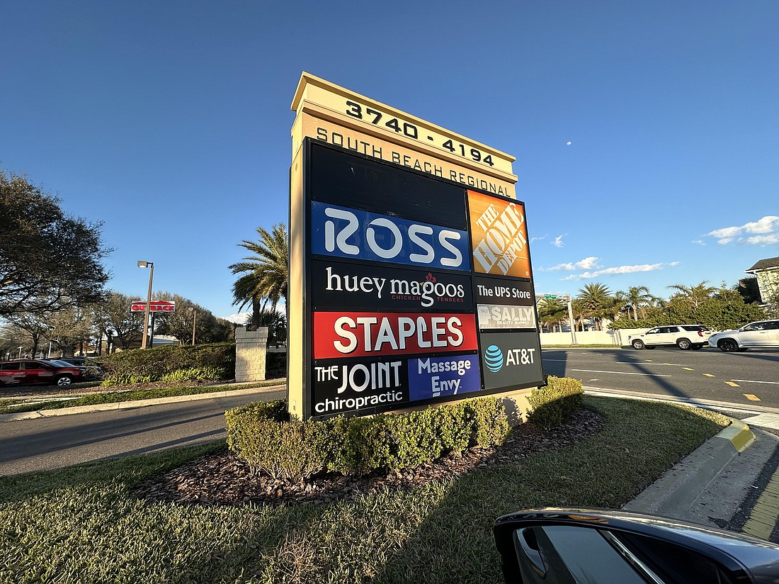 The monument sign at the front of South Beach Regional shopping center in Jacksonville Beach lists anchors The Home Depot, Ross, Staples and more.