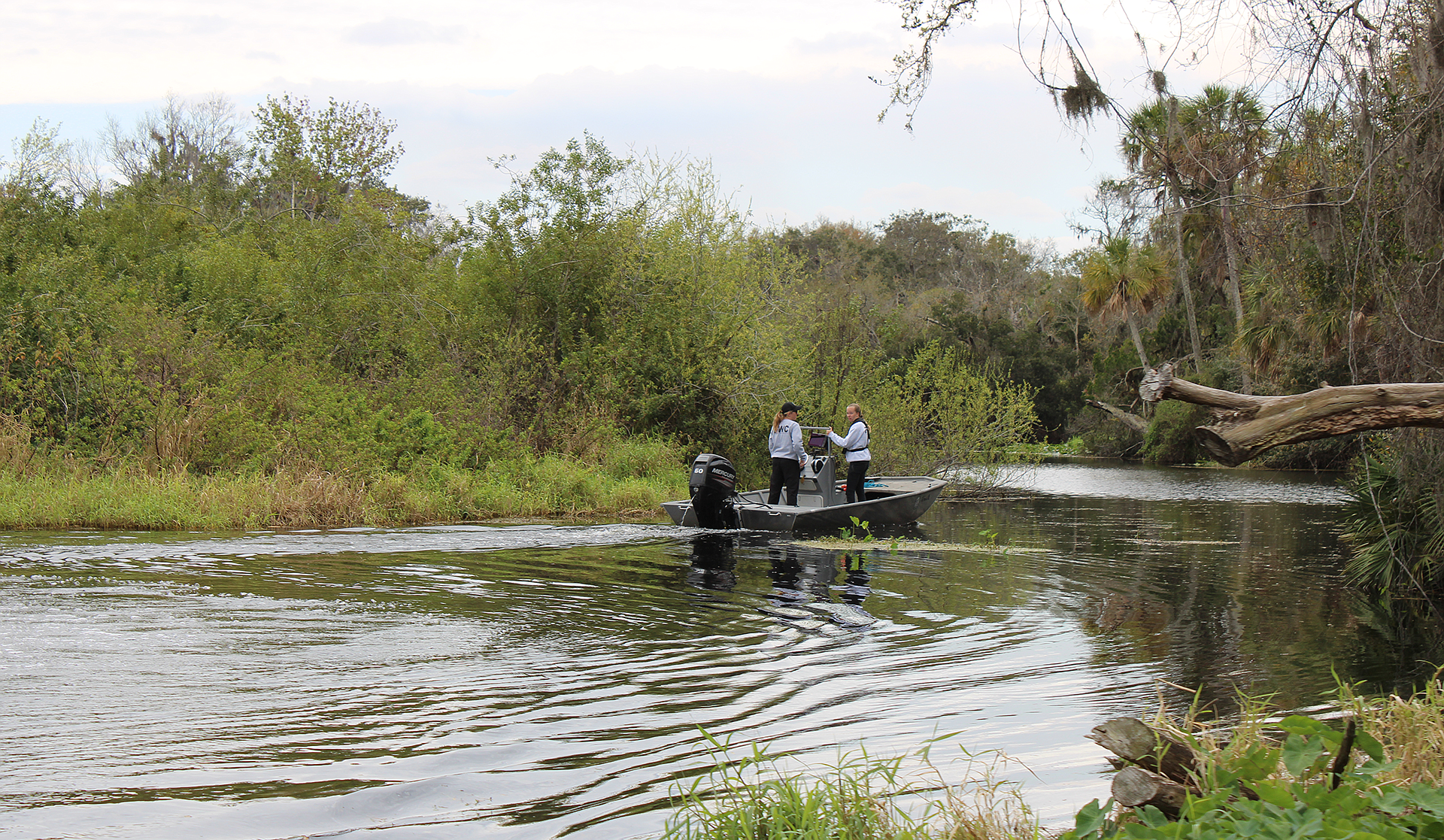 Biologists Kristen Peterson and Jamie Wolanin monitor the Braden River to check for Old World Tape Grass growth.