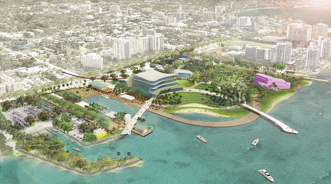 A conceptual drawing of Sarasota’s bayfront with The Bay Master Plan and a new performing arts center in place.