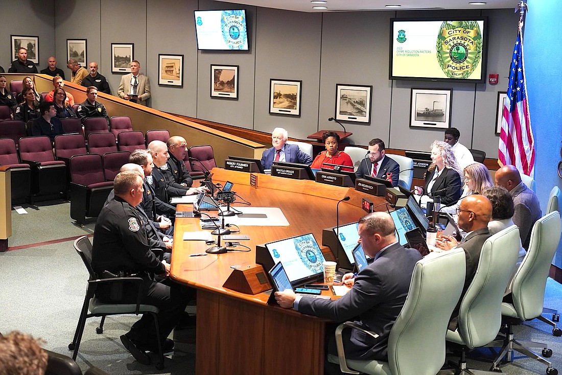 Police Chief Rex Troche and members of the Sarasota Police Department command staff present 2023 crime data to the Sarasota City Commission.