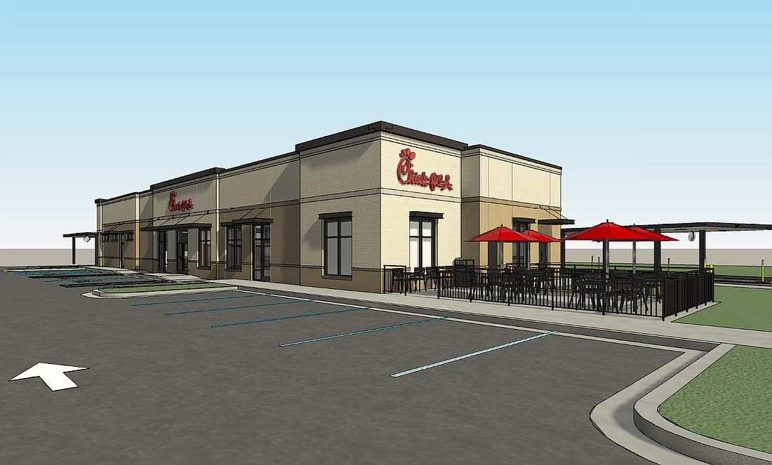 A rendering of the proposed Chick-fil-A at the closed Wild Wing Cafe that will be demolished in Tinseltown.