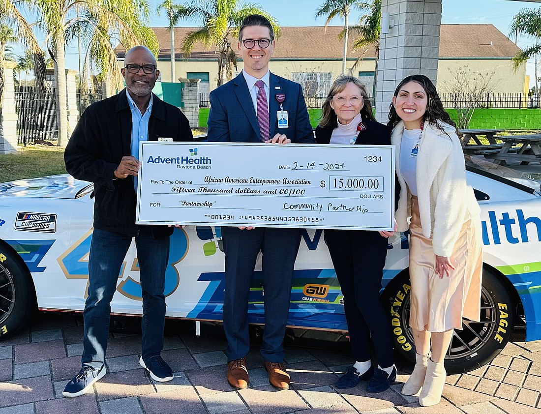 Leslie Giscombe, Founder and CEO of AAEA; David Weis, president and CEO of AdventHealth Daytona Beach; Deborah McNabb, director of Community Advocacy; Ida Babazadeh, program manager. Courtesy photo