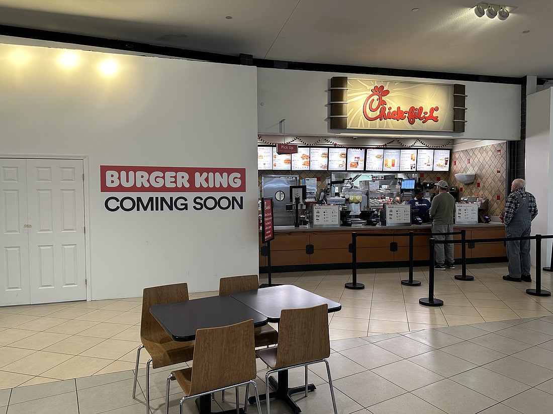 The Avenues mall has walled off the space in the food court where Burger King is coming soon next to Chick-fil-A.