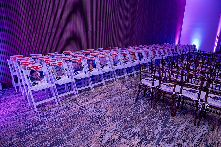 Empty seats with photos acted as a tribute to kidnapped Israelis.