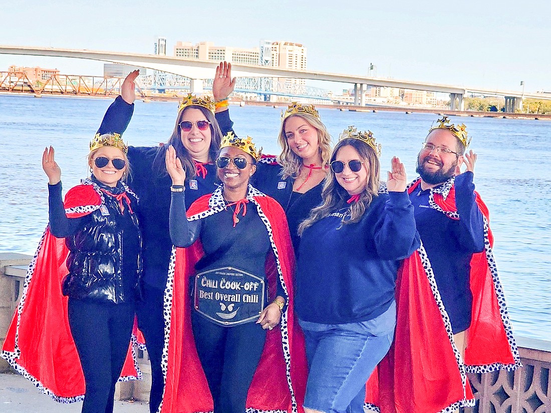 The Coleman Talley law firm received the Best Overall Chili award and the championship belt at the Jacksonville Bar Association Young Lawyers Section Chili Cook-off on Feb. 24 at Riverside Arts Market. The 2024 Chili Team, from left, Kristine Hosman, Kiré Van Zanden, Roquelle Bradford, Drew Davidow, Cassandra Brown and Brennan Monaco.