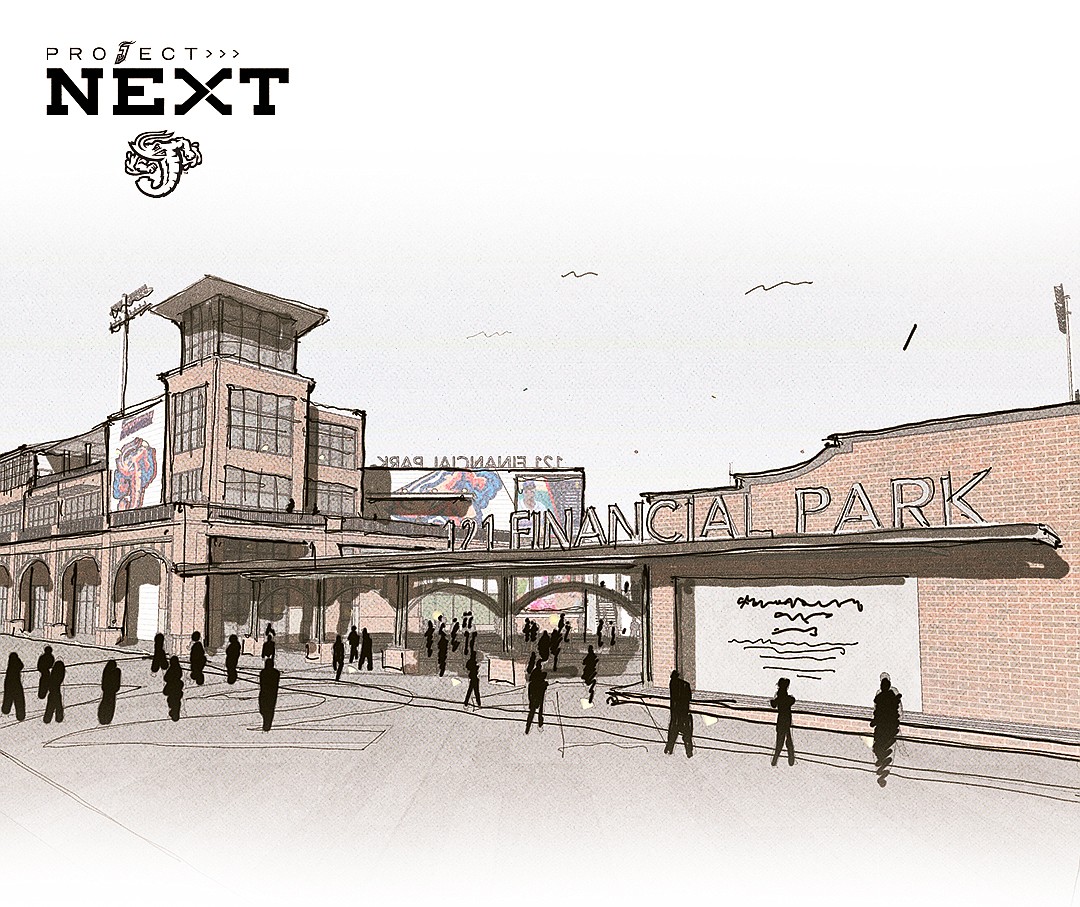A rendering of the front porch and center field plaza at 121 Financial Ballpark.