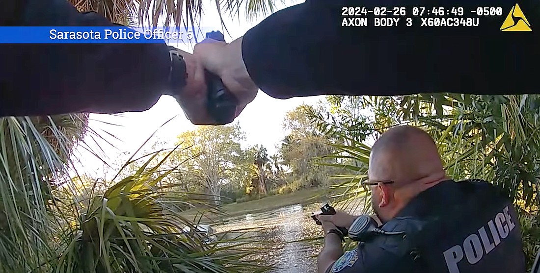 A still image from bodycam footage of Monday's police shooting incident just off University Parkway near Sarasota-Bradenton International Airport.
