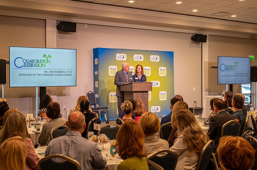 Event sponsors Bill and Barbara Little address guests.