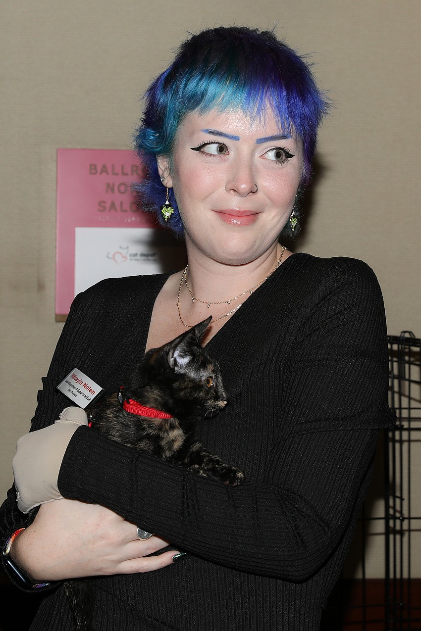 Mikayla Nolen with Laurel, a tortoise kitten who needs a 'furever' home.