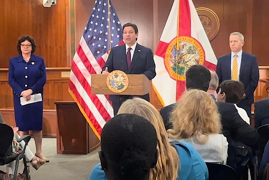 Gov. Ron DeSantis, Senate President Kathleen Passidomo and House Speaker Paul Renner discussed the 2024 legislative session Friday. Photo by Mike Exline, The News Service of Florida