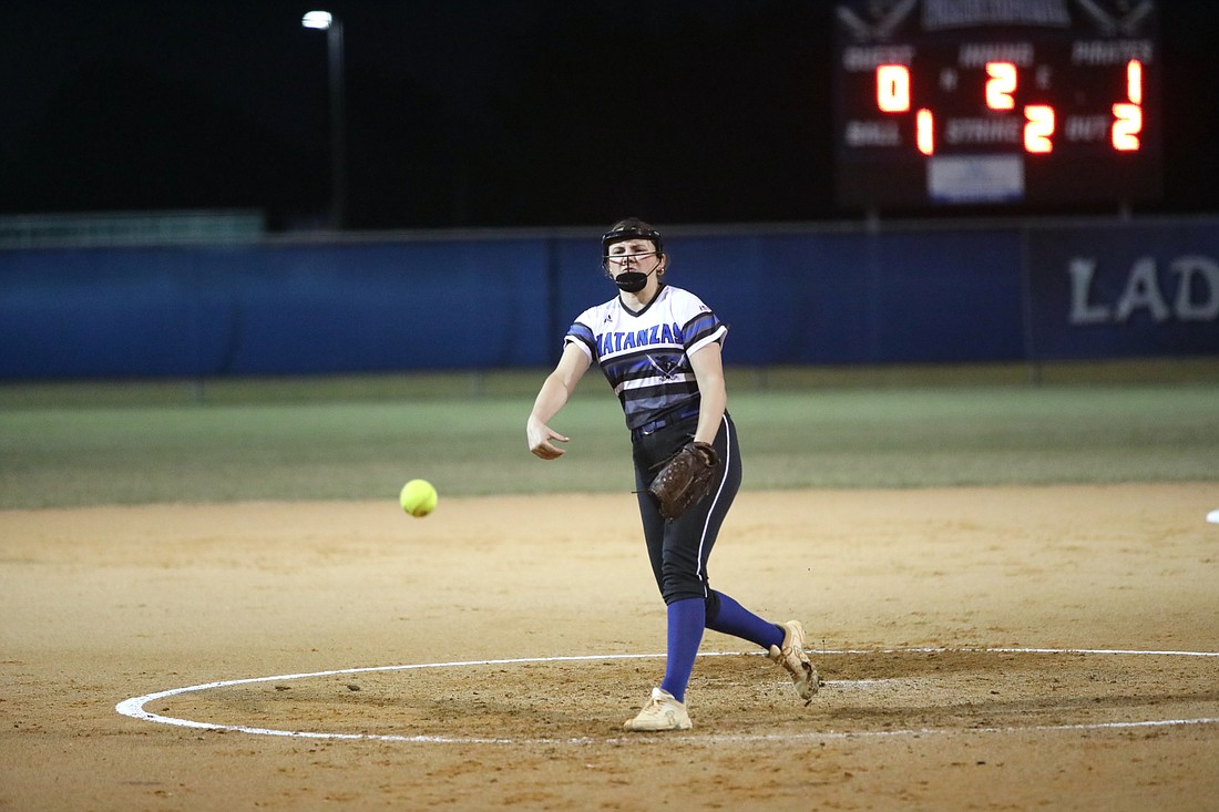 Leah Stevens pitches in the second inning with a 1-0 lead against Beachside on March 7. Photo by Brent Woronoff