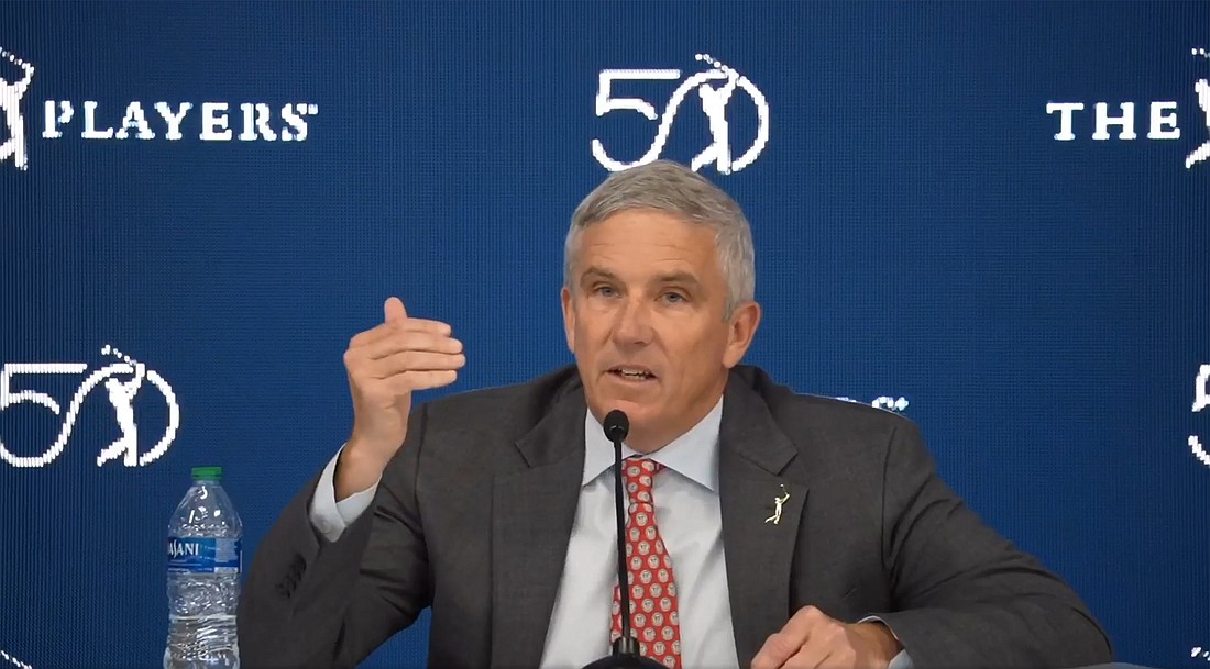 PGA Tour Commissioner Jay Monahan speaks at a March 12 news conference before the Players Championship at TPC Sawgrass. The tournament runs March 14-17.