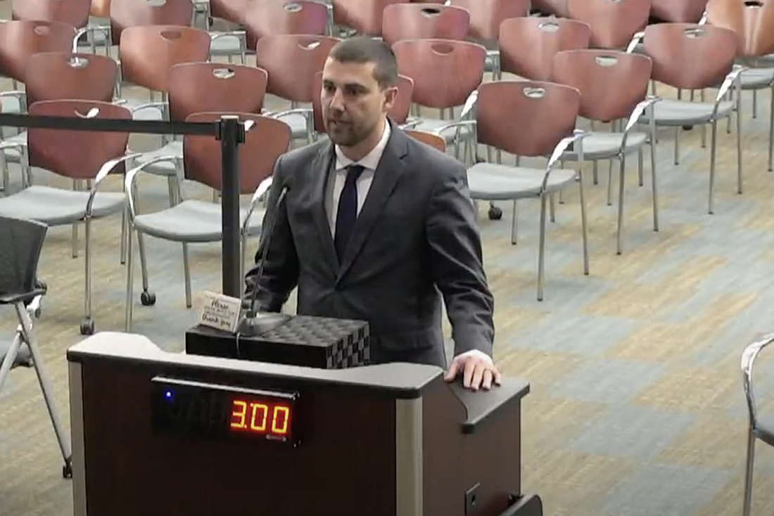 Marcus Duffy, attorney with the Douglas Law Firm. Image screenshot from City Council livestream