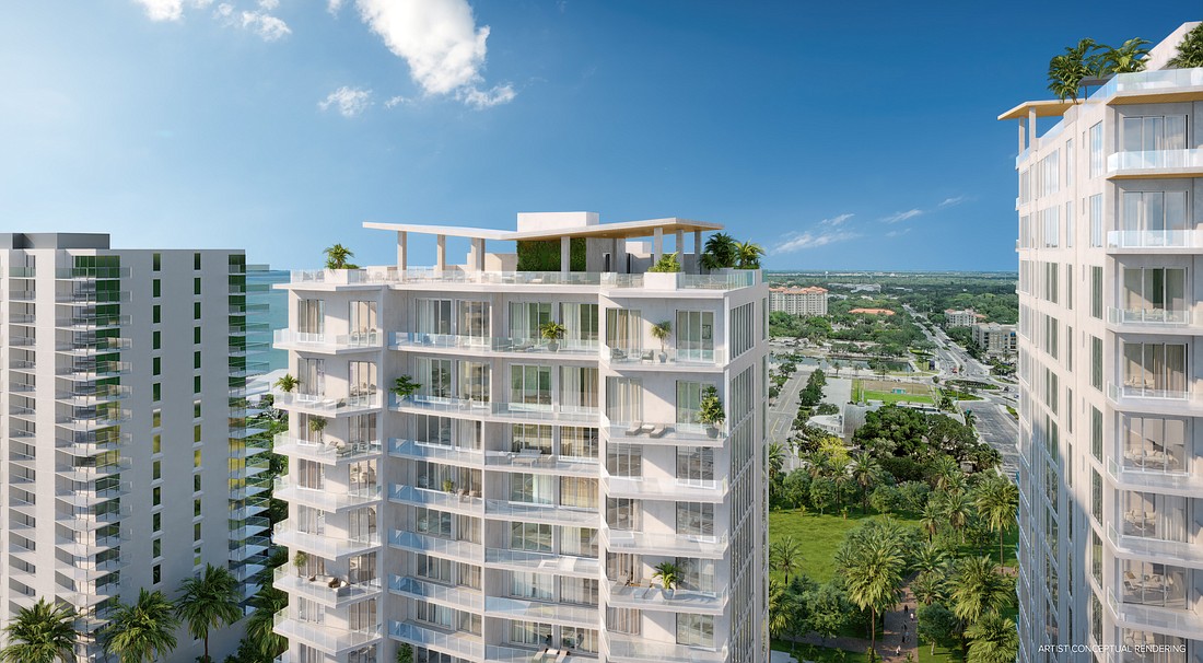 A rendering of One Park West on Block 9 in The Quay. The building to the right is One Park on Block 1, both planned by Property Markets Group of Miami and New York.
