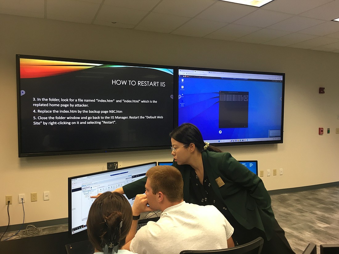 Jacksonville University Davis College of Business & Technology’s cybersecurity students combat a simulated cyberattack in the Center for Cybersecurity. The Center’s curriculum integrates a hyper-realistic training system, generating an environment that replicates actual networks and security tools as well as normal and malicious digital traffic