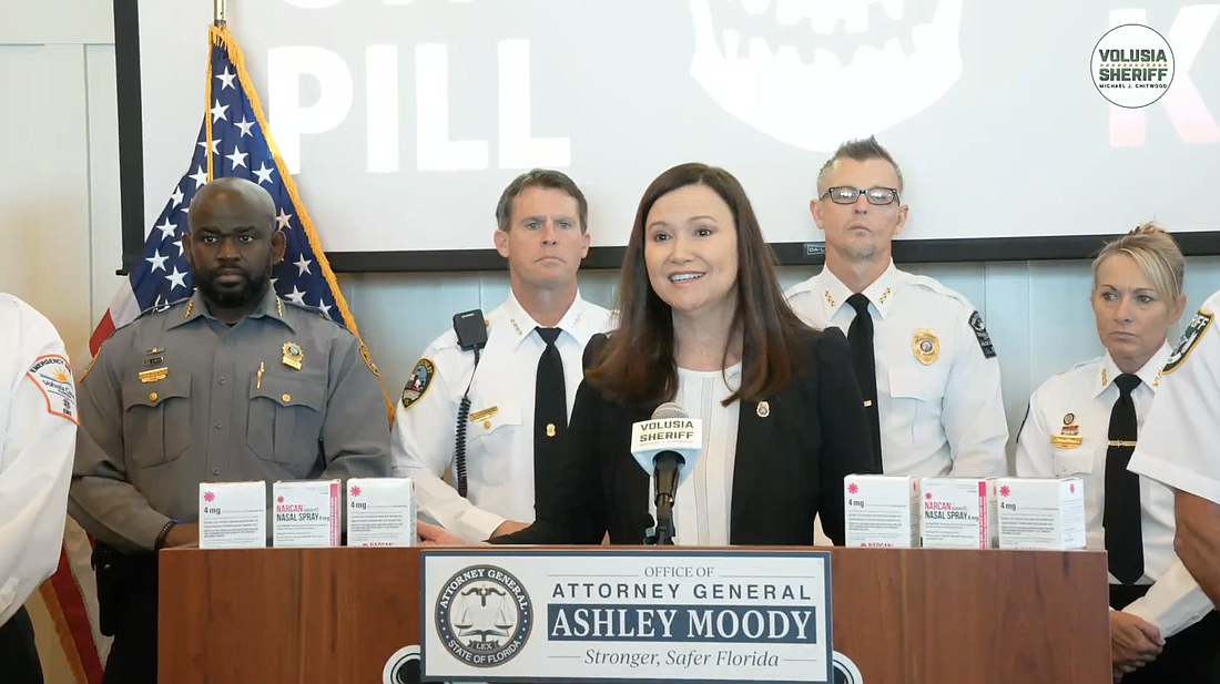 Florida Attorney General Ashley Moody speaks during a press conference on Tuesday, March 19, at Volusia County Beach Safety Headquarters. Screenshot courtesy of Volusia Sheriff's Office Facebook livestream