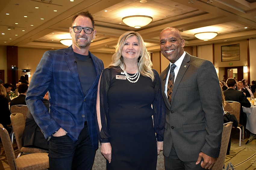 Keynote speaker Kyle McDowell,  Greater Sarasota Chamber of Commerce President and CEO Heather Kasten and City Manager Marlon Brown