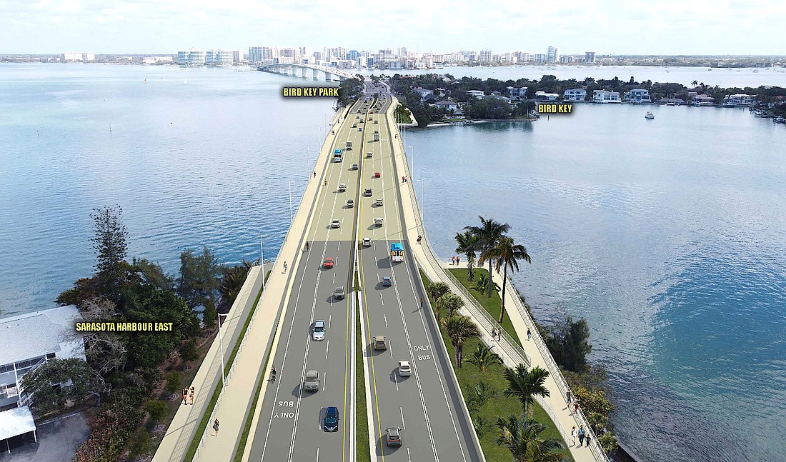 A rendering of the preferred alternative to the Little Ringling Bridge looking toward the west.