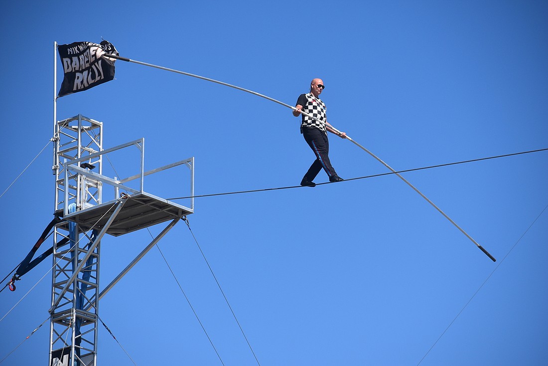 Nik Wallenda walks the tightrope in March 2021 at the Nik Wallenda's Daredevil Rally at Nathan Benderson Park.