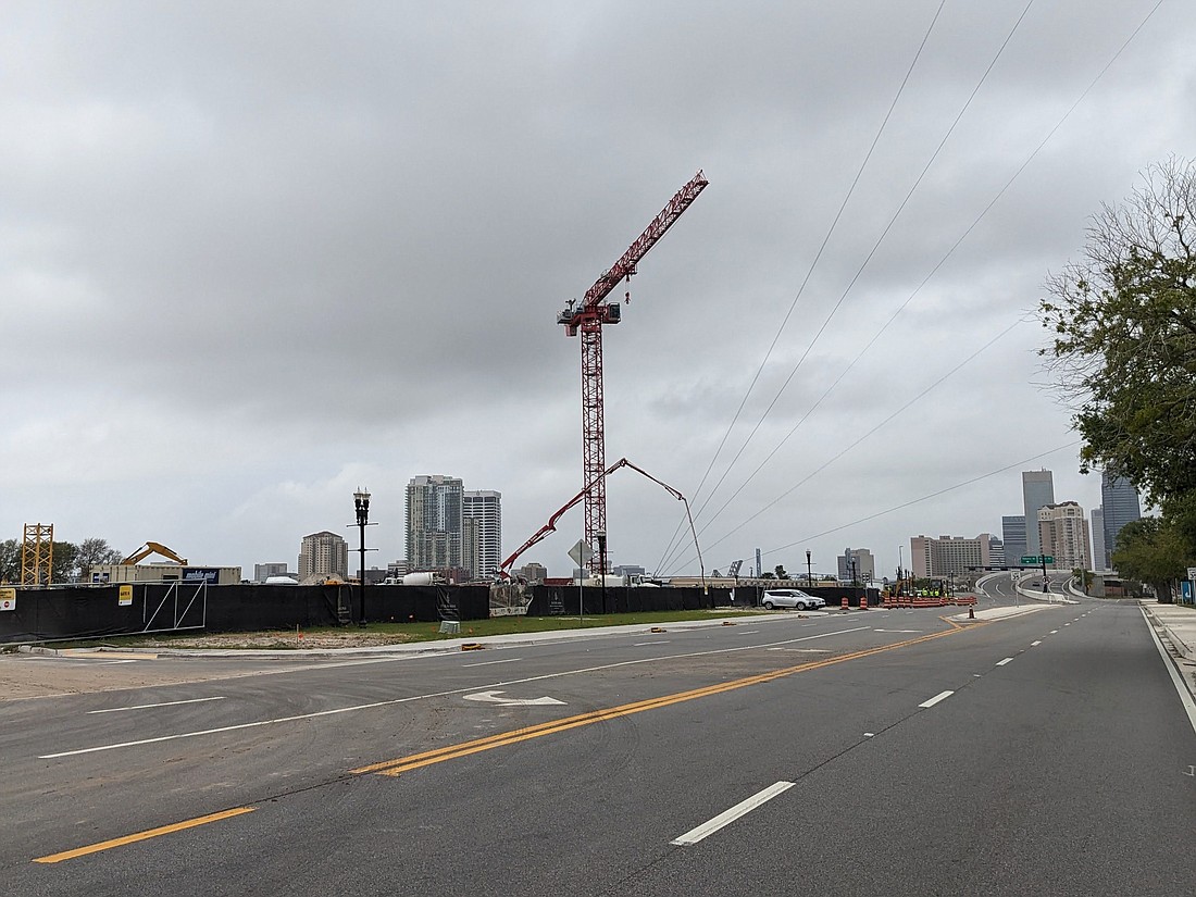 A crane is up March 26 at the future Four Seasons Hotel and Residences along the Northbank riverfront in Downtown Jacksonville.