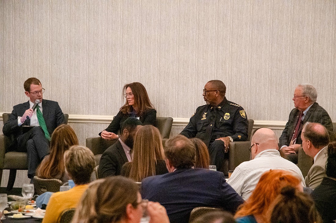 The Jacksonville Bar Association presented a panel discussion at its meeting March 21 with, from left, moderator Brian Coughlin, State Attorney Melissa Nelson, Sheriff T.K. Waters and Public Defender Charlie Cofer.