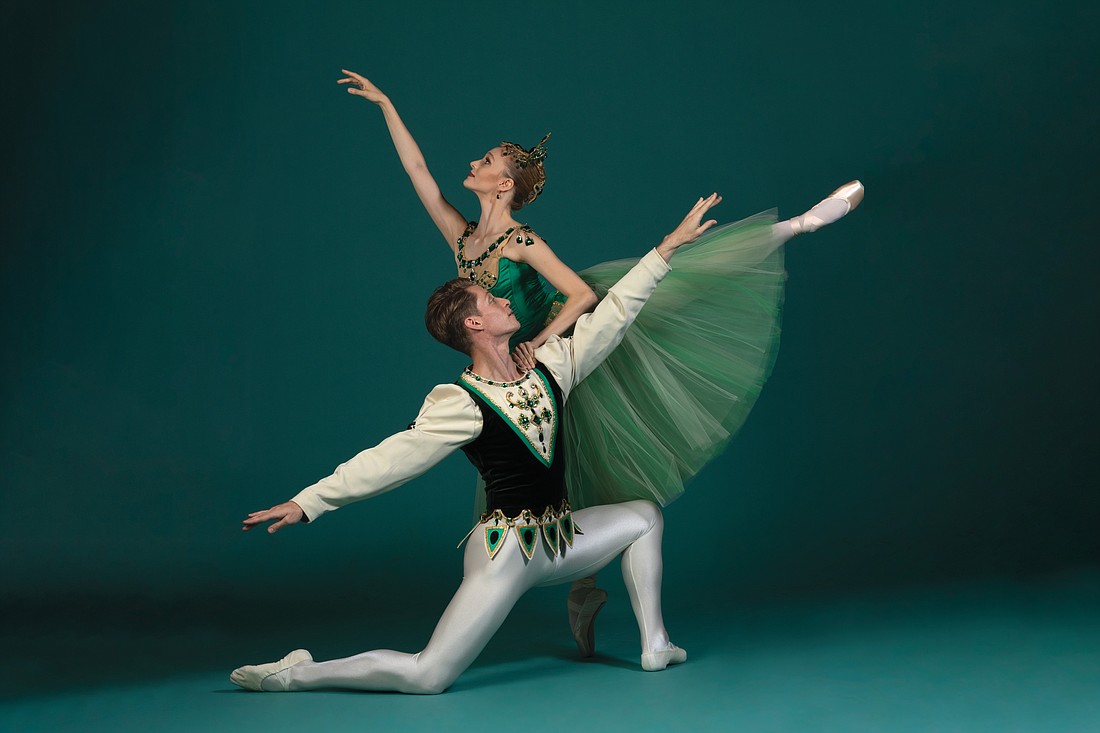 Daniel Pratt and Jennifer Hackbarth pose in a publicity still for George Balanchine's ballet, "Emeralds," which the Sarasota Ballet will perform April 5-6.