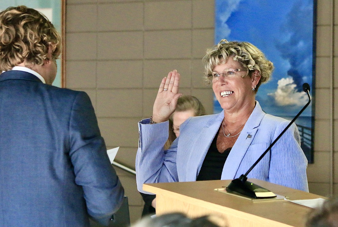 Flagler Beach resident Patti King is sworn in as Flagler Beach's new mayor. Photo by Sierra Williams
