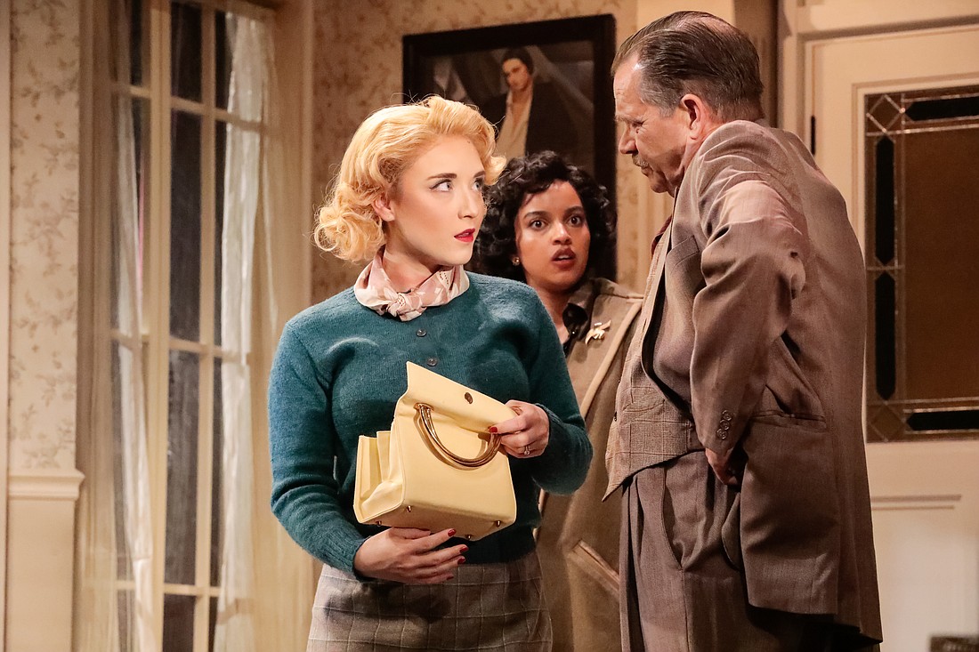 Brooke Turner stars as Margot, Zia Lawrence plays Maxine and Mark Benninghofen plays Inspector Hubbard in Asolo Rep's production of "Dial M for Murder."