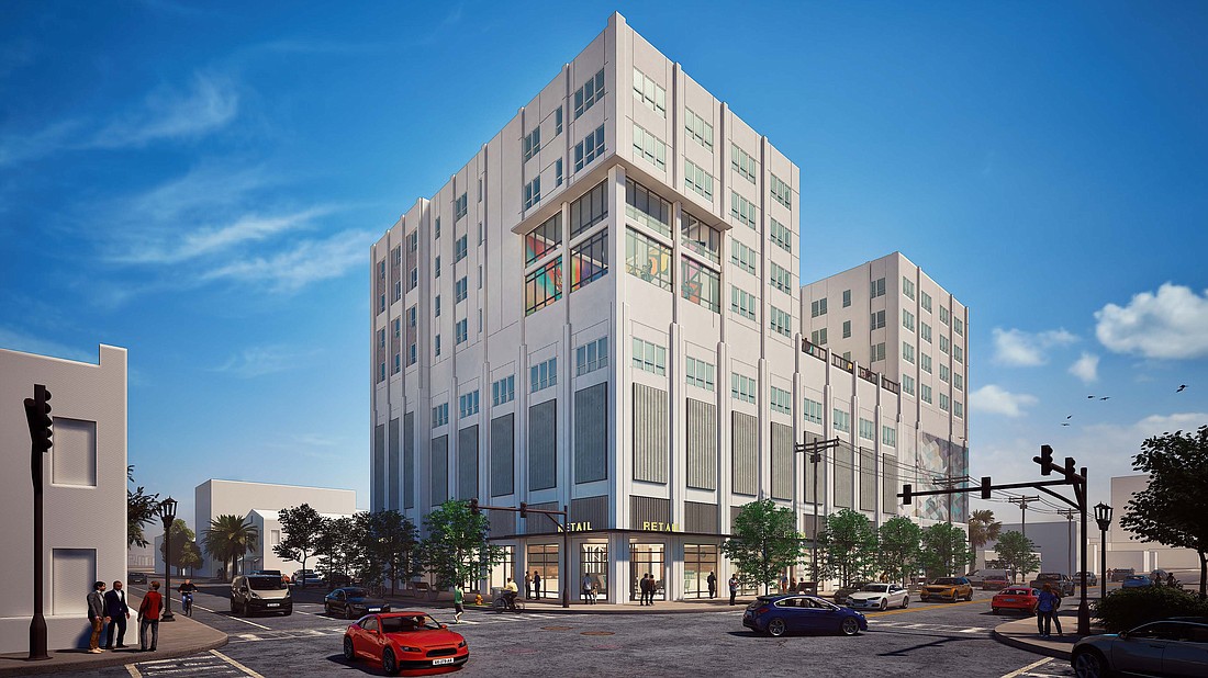 A conceptual design shows the northeast view of the Lofts at Southbank. The site is at 1004 Hendricks Ave., on the southwest corner of Prudential Drive and Hendricks Avenue.