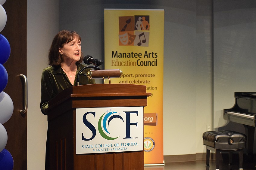 Mary Glass, the president of the Manatee Education Foundation, welcomes people to the fifth annual Arts Alive Celebration.