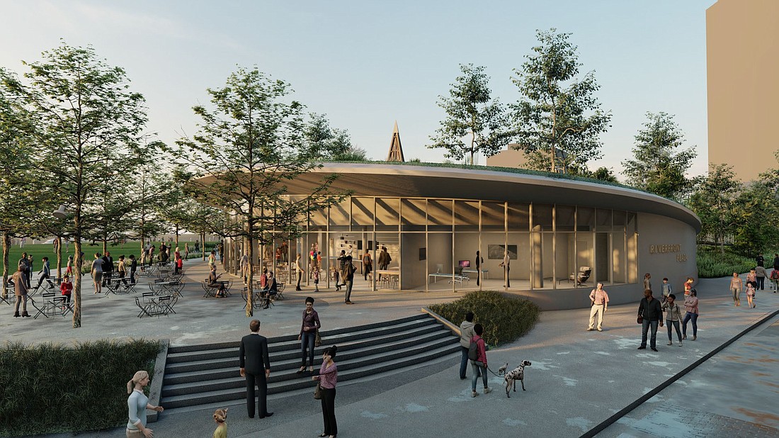 A conceptual rendering of a structure that will include a cafe, rooftop playground and other features at the northwest corner of Riverfront Plaza. The city issued a permit for construction of the cafe shell at a cost of $3.5 million.