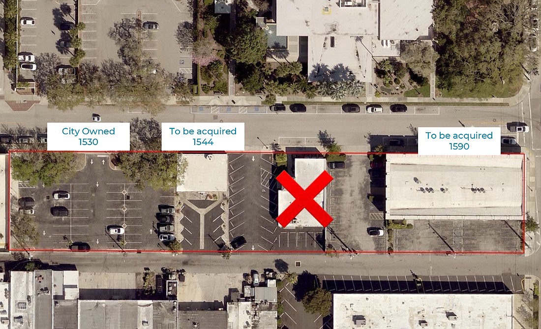 The proposed site of a city-owned attainable housing development across First Street from City Hall. The red X marks the location of the city's credit union office, which will remain.