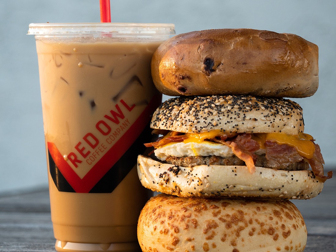 The Red Owl Coffee Co. menu includes small batch coffees, bagels and bagel sandwiches.