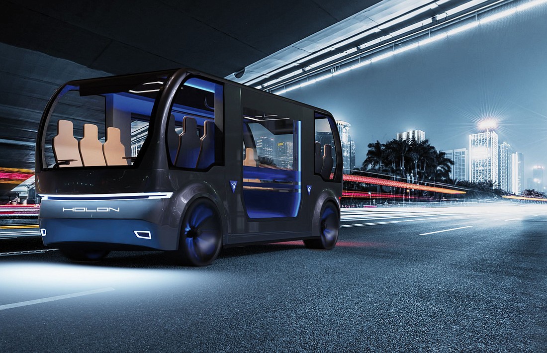 The Holon Mover is an autonomous electric vehicle with a top speed of 37 mph. It has seating for up to 15 passengers.