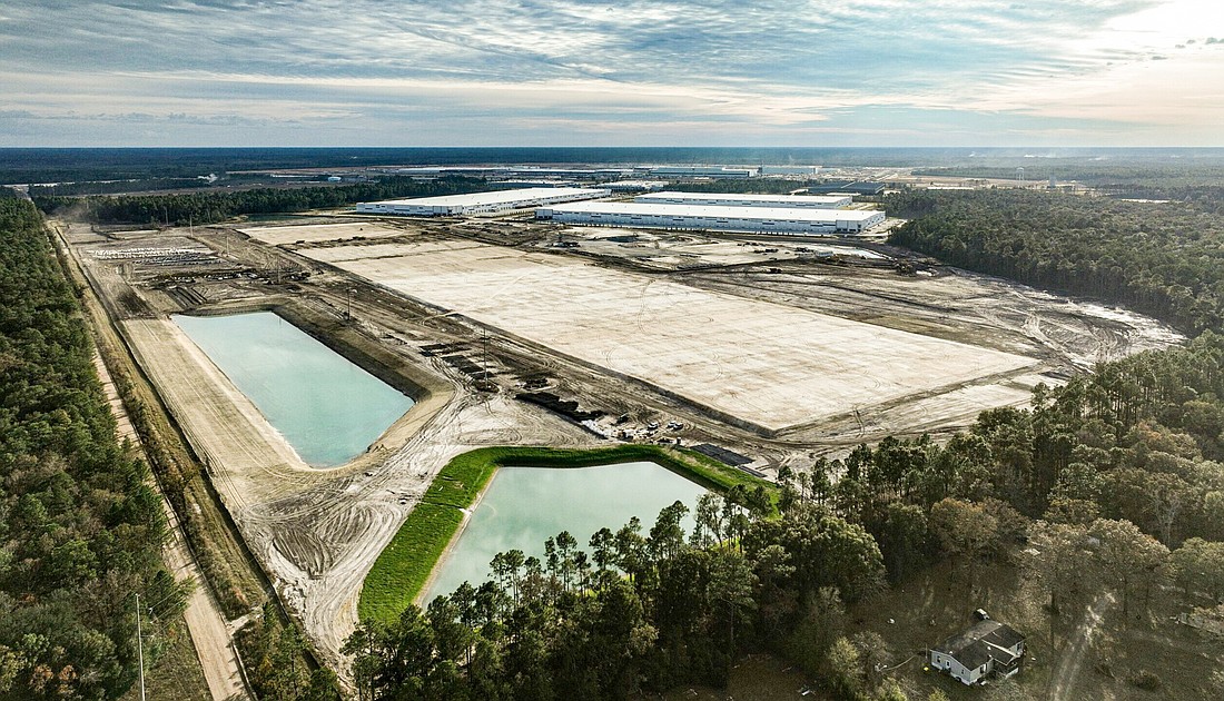 The foundation for the 2 million-square-foot Burlington Stores distribution center in development by VanTrust Real Estate in Interstate West Industrial Park in Savannah, Georgia.