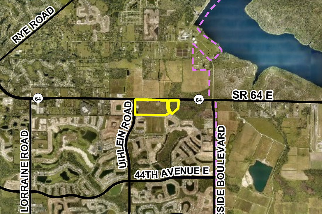 The yellow outlines show the properties being proposed for two more housing developments along State Road 64.