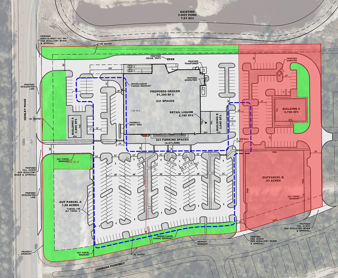 Henley Grocery Center will include a 51,390-square-foot grocery store, similar in size to a Publix supermarket, and will include a liquor store, offices and a park.