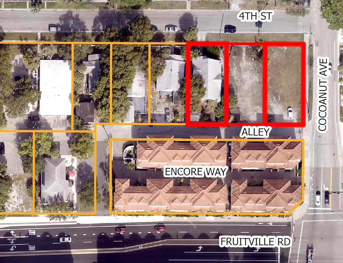 The 1274 4th Street Residences site outlined in red is across a 20-foot-wide alley from the Encore residences.