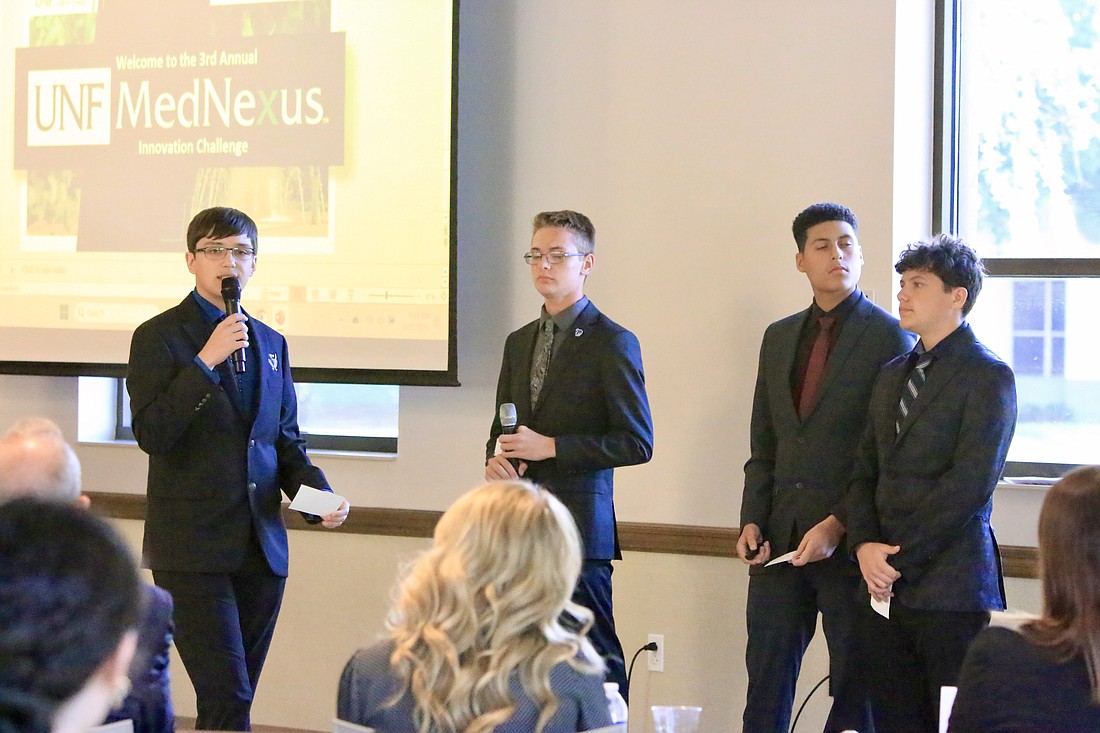 Team Project Rethink: Stanley Gatzek, Stephen Sherman, Gabriel Ramirez and Austin Weeks from Matanzas High School at the 2024 MedNexus Innovation Challenge. Photo by Sierra Williams