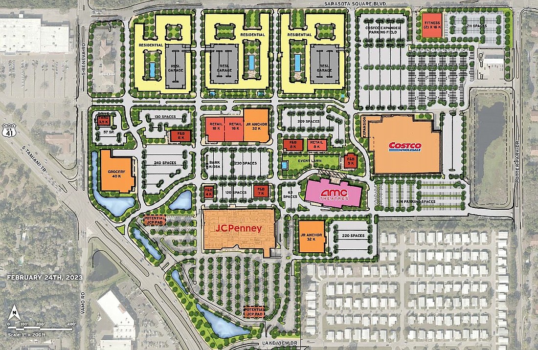 The vision plan for a redeveloped Sarasota Square Mall into a town center shows the proximity of the apartment buildings to Sarasota Square Boulevard and the JCPenny, Costco and AMC theaters to remain.