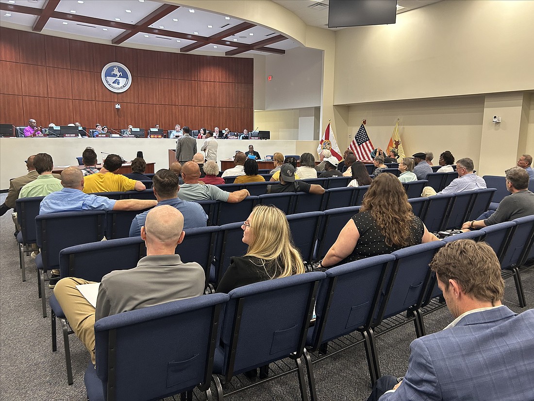 Residents attending the Jacksonville Planning Commission meeting April 18, many to protest plans for an animal processing facility.