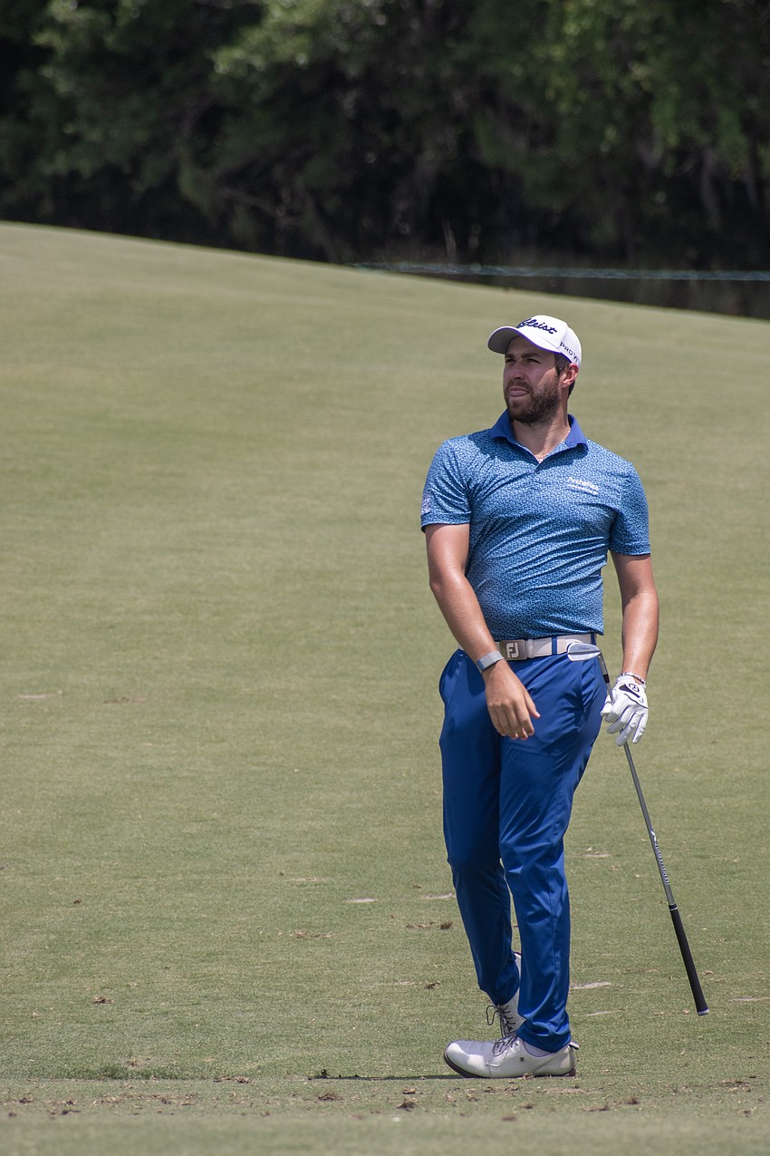 Thomas Rosenmueller hits his second shot on the No. 1 hole at Lakewood National Golf Club during the first round of the 2024 LECOM Suncoast Classic. Rosenmueller shot four under par for the day.