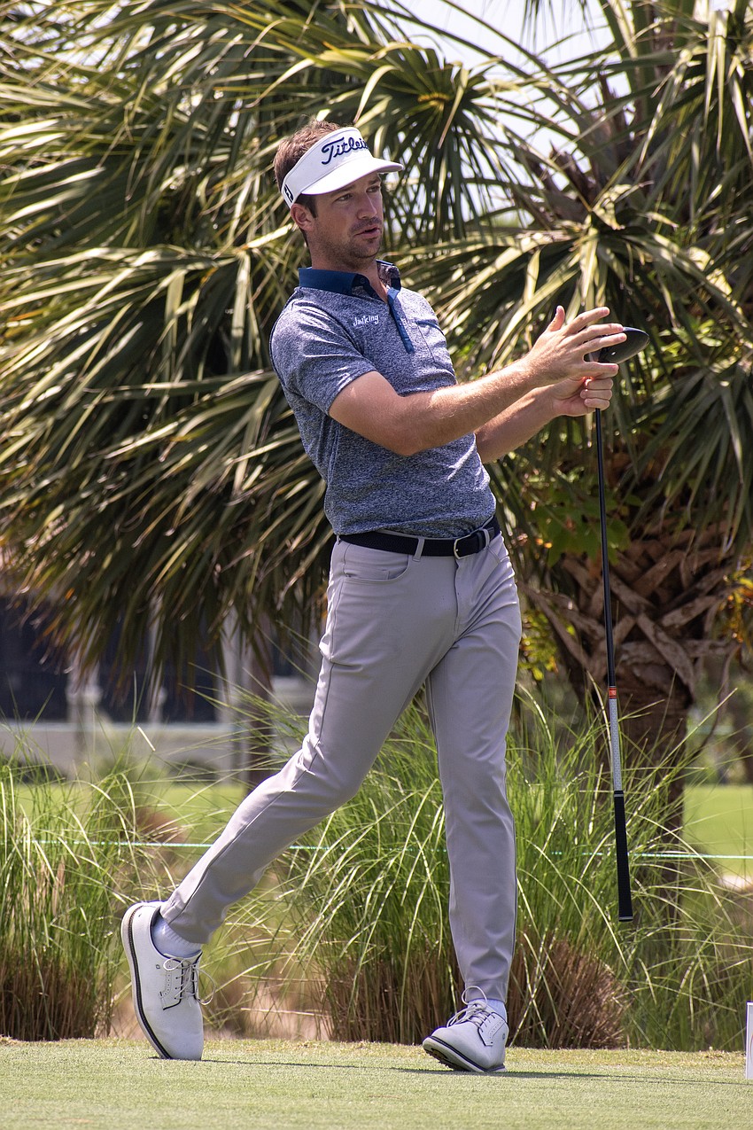 Trevor Cone watches his tee shot on the No. 10 hole at Lakewood National Golf Club during the first round of the 2024 LECOM Suncoast Classic. Cone shot one over par for the round.