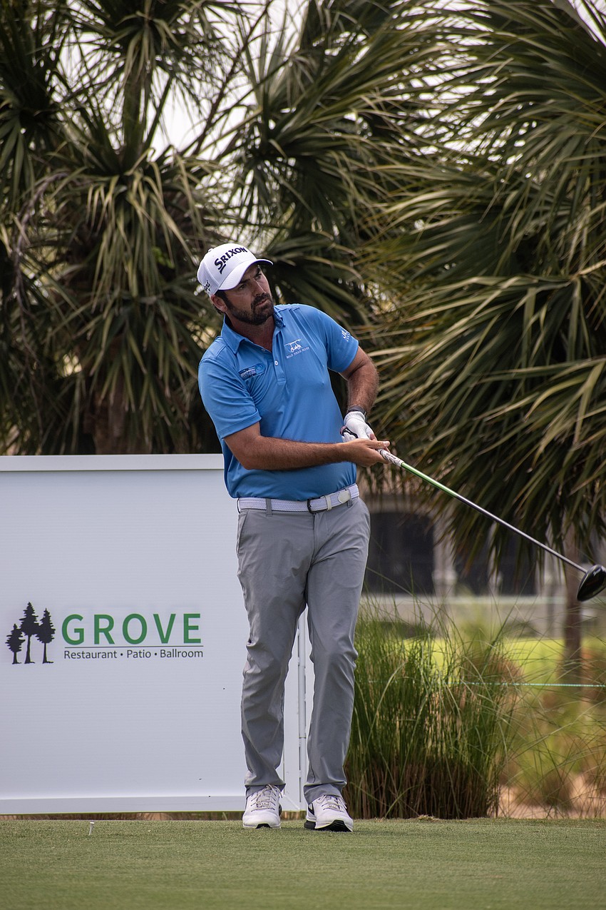 Brett Drewitt watches his tee shot on the No. 10 hole at Lakewood National Golf Club during the first round of the 2024 LECOM Suncoast Classic. Drewitt shot four under par for the day.