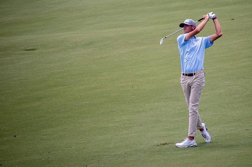 Mark Goetz hits his second shot on the No. 9 hole at Lakewood National during round one of the 2024 LECOM Suncoast Classic. Goetz finished the round six under par.