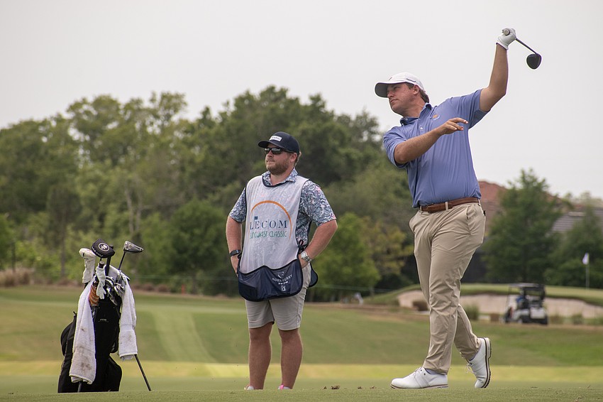 Zach Bauchou hits his third shot on the No. 9 hole at Lakewood National during the first round of the 2024 LECOM Suncoast Classic. Bauchou finished the round at even par.