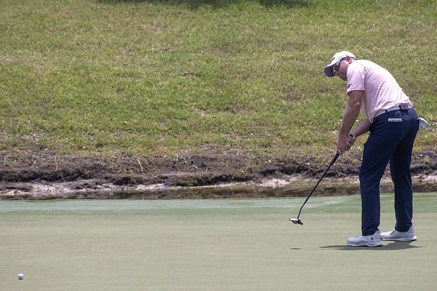 Dan McCarthy putts on the No. 9 hole during the first round of the 2024 LECOM Suncoast Classic at Lakewood National Golf Club. McCarthy shot one over par.