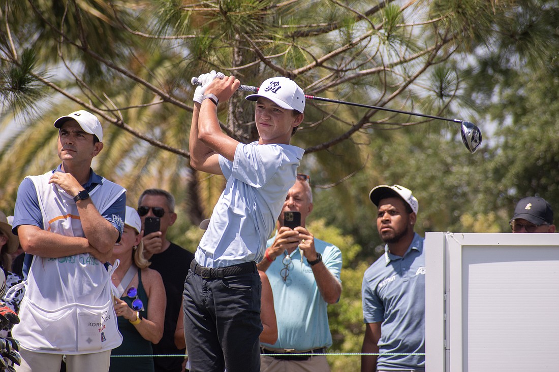 Miles Russell hits his tee shot on the No. 1 hole at Lakewood National Golf Club during round two of the 2024 LECOM Suncoast Classic.